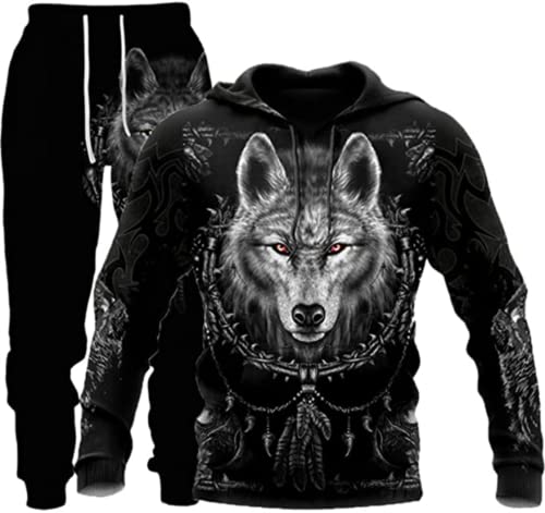 Men's Lion Wolf Hooded Jacket + Trousers Autumn Winter Animal 3D Lion and Tiger Print Casual Hooded Trousers (Wolf 4,L) von Amacigana