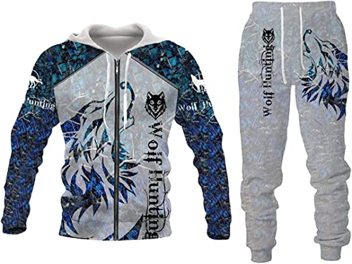 Herrenanzug Löwe Wolf 3D gedruckt Hoodie Hose Anzug Männlich Herbst Freizeit Trainingsanzug Tiere (Wolf 4,XL) von ATZTD