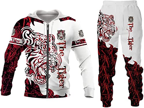 Herrenanzug Löwe Wolf 3D gedruckt Hoodie Hose Anzug Männlich Herbst Lässiger Trainingsanzug Tiere (Tiger7,XL) von ATZTD