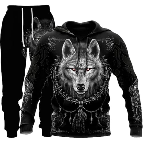 Wolf Herren Hooded + Hose Herren 3D Tier Wolf Trainingsanzug Jogginganzug Pullover (Wolf 1,3XL) von ATZTD