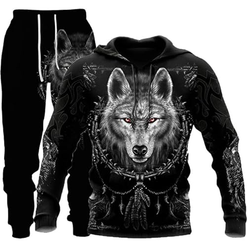 Wolf Herren Hooded + Hose Herren 3D Tier Wolf Trainingsanzug Jogginganzug Pullover (Wolf 1,6XL) von ATZTD