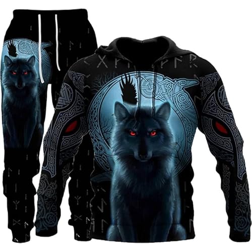 Wolf Herren Kapuzen + Hose Herren 3D Tier Wolf Trainingsanzug Jogginganzug Pullover (Wolf 7,6XL) von ATZTD