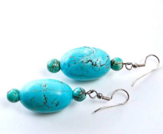 Große Vintage Grobstrick Türkis Und Sterling Baumeln Ohrringe - Boho Naturstein Tex Mex Aqua Blau von ATreasureHunt