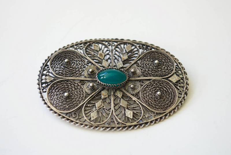 Jahrgang 1940 Durchbrochenen Sterling Brosche Mit Grünen Cabochon - Art-Deco Große Ovale Pin Anweisung Stück Vintage Hochzeit Jahrgang 1940 Durchbrochenen Sterling Brosche Mit Grünen Cabochon - Art-Deco Große Ovale Pin Anweisung Stück Vintage Hochzeit von ATreasureHunt