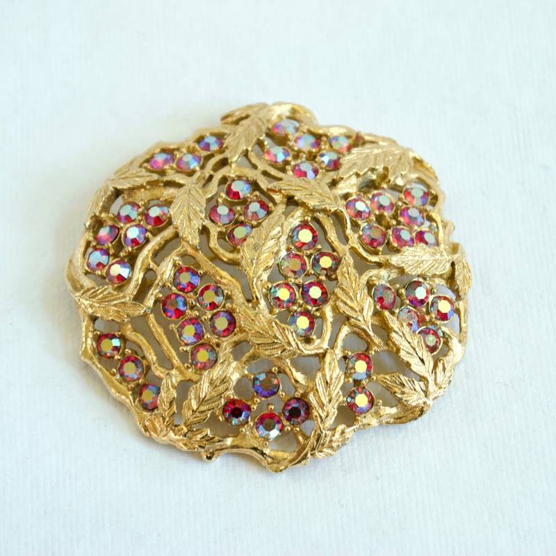 Jahrgang Sarah Covington Brosche - Gold-Ton Mit Leuchtend Rote Rosa Irisierend Strass Blättern Jahrgang Sarah Covington Brosche - Gold-Ton Mit Leuchtend Rote Rosa Irisierend Strass Blättern von ATreasureHunt