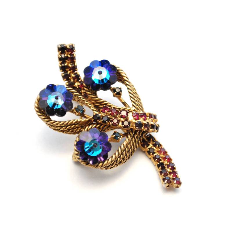 Vergessen Sie Mich Nicht Blaue Blume Geschliffenes Glas Und Strass-Brosche - Gold-Ton Seil Anweisung Stück Jahrgang Trauerschmuck Schöne von ATreasureHunt