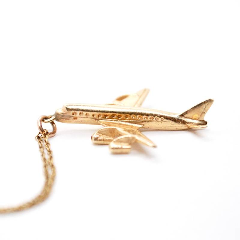 Vintage 14K Gold Flugzeug Anhänger An Kette - Halskette Pilot Charm Jet Flug Fluggesellschaft Stewardess von ATreasureHunt
