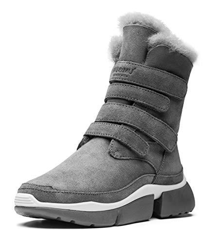 AUMU Klassische Retro-Winter-Schneestiefel mit Klettverschluss, Wildleder, Schaffell, Aufzug mit verstecktem Absatz, GRAU, 39.5 EU von AU&MU