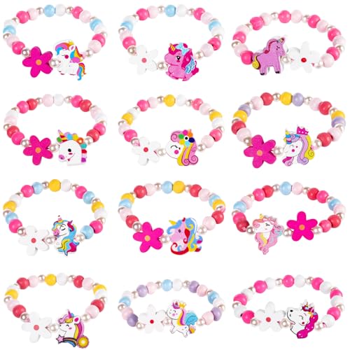 AUAUY 12Stk Holz Armbänder für Mädchen, Bunte Kinderschmuck Handmade Armband, Einhorn Armband Blumen Schmetterling Freundschaftsarmband Schmuck Kinder Mitgebsel Kindergeburtstag Mädchen Geschenke von AUAUY