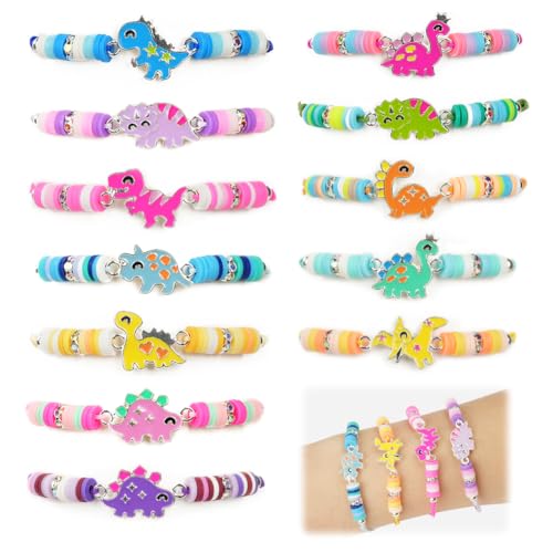 AUAUY 12 Stück Freundschaftsarmband Kinder, Einstellbare Geflochten Armbänder, Bunte Tonperlen Perlen Armbänder Set Kinderschmuck Als Geschenk für Mädchen Kinder Mitgebsel Geburtstag Party-Dinosaurier von AUAUY