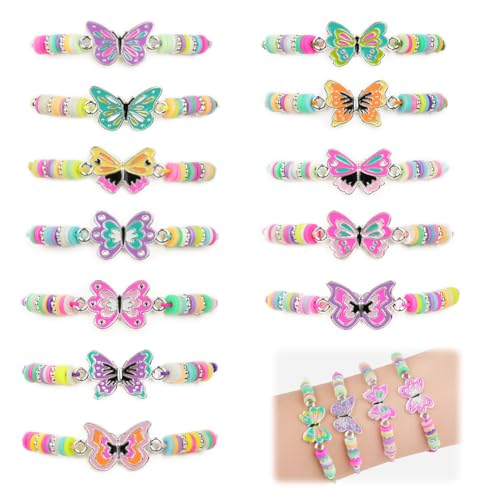 AUAUY 12 Stück Freundschaftsarmband Kinder Einstellbare Geflochten Armbänder Bunte Tonperlen Perlen Armbänder Set Kinderschmuck Als Geschenk für Mädchen Kinder Mitgebsel Geburtstag Party-Schmetterling von AUAUY