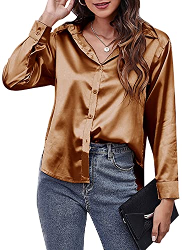 AUBIG Damen Bluse Satin Seide V-Ausschnitt Langarmshirt Casual Oberteile Locker Hemd Einfarbig Lose Elegant Langarm Business Tops Braun M von AUBIG