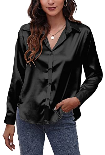 AUBIG Damen Bluse Satin Seide V-Ausschnitt Langarmshirt Casual Oberteile Locker Hemd Einfarbig Lose Elegant Langarm Business Tops Schwarz L von AUBIG