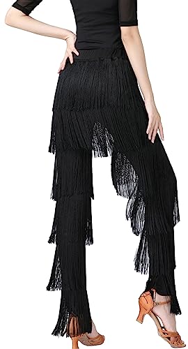 AUBIG Damen Lateinische Tanzhose Quaste Fransenhose Latein Ballsaal Tanz Professionelle Rumba Tango Salsa Übungshose Schwarz XXL von AUBIG