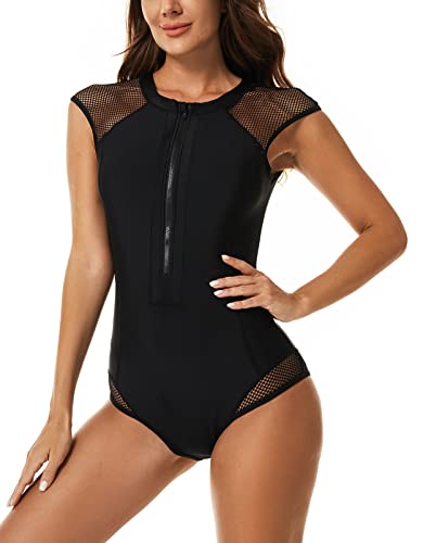 AUBIG Damen Rashguard Ärmellos Einteiliger Badeanzug mit Reißverschluss Sportlich Schwimmanzug Bademode Slim Figurformend Schwimm Badebekleidung Stil 3 M von AUBIG