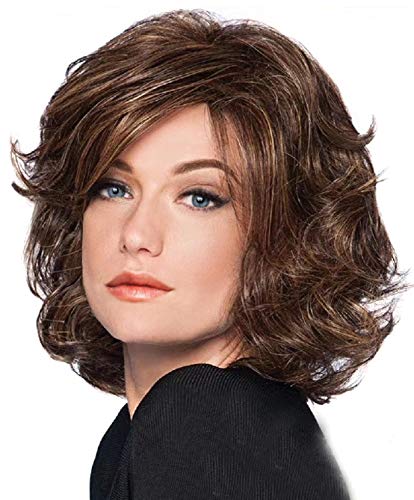 AUBIG Damen kurzes lockiges Haar Chemiefaser Kopfbedeckung Perücke mit Haarnetzkappe und Stahlkamm Braun von AUBIG