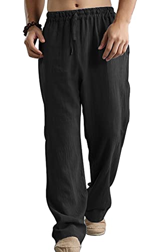AUBIG Herren Hose Lang mit Kordelzug aus Baumwollmischung Leinenhosen Freizeithose Leichte für Männer Sommerhose Casual Strandhose Einfarbig Noir L von AUBIG