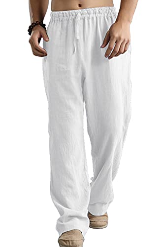 AUBIG Herren Hose Lang mit Kordelzug aus Baumwollmischung Leinenhosen Freizeithose Leichte für Männer Sommerhose Casual Strandhose Einfarbig Weiß 4XL von AUBIG