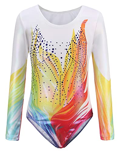 AUBIG Mädchen Turnanzug Lange Ärmel Kinder Gymnastikanzug Leotards Glanz Ballettanzug Tanz Abnutzungs Bodysuit A2 9-10 Jahre von AUBIG