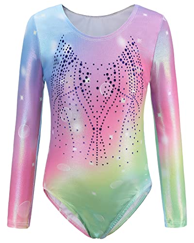 AUBIG Mädchen Turnanzug Lange Ärmel Kinder Gymnastikanzug Leotards Glanz Ballettanzug Tanz Abnutzungs Bodysuit A3 7-8 Jahre von AUBIG