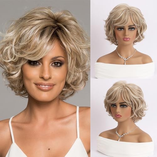 AUBWIG Braun Blonde Bob Perücke mit Pony 15 Zoll Natürlich kurze gerade Perücken für Frauen Mittellange Bob Haare Synthetische Perücken für den täglichen Gebrauch (Braun Blond gemischt) von AUBWIG