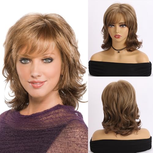 AUBWIG Braun Gemischt Hellblond Mittellange Haare Perücke Synthetisch Flauschig Natürliche Lockenperücke mit Pony für Damen Daily Wear (Braun Gemischt Hellblond #02B) von AUBWIG