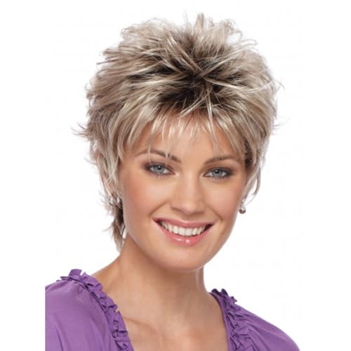 AUBWIG Braun Ombre Blond Kurz Lockiges Haar Flauschiges Haar Natürliches Leicht Lockiges Haar Perücken mit Pony für Damen Kunsthaarperücke Daily Wear (Braun Ombre Blond) von AUBWIG