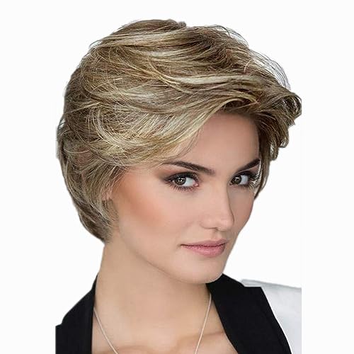 AUBWIG Damen Kurze Gewellte Perücke Mode Braun Gemischt Blond Natürliche Kurz Lockig Flauschig Schräger Pony Haar Perücken Synthetische Perücken (Braun Gemischte Blonde #2B) von AUBWIG