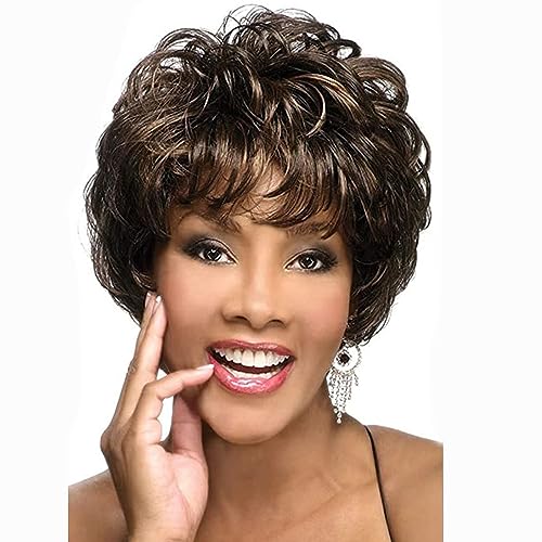 AUBWIG Damen Kurze Lockige Gewellte Perücke Schwarz Braun Kurze Lockige Flauschige Cosplay Kostüm Perücke Gestufte Vollperücken Synthetische Perücken (Schwarz-Braun) von AUBWIG