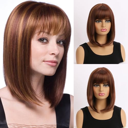 AUBWIG Gemischte braune Bob-Perücke mit Pony 15 Zoll natürlich kurze glatte Perücken für Frauen Mittellange Bob-Haare Synthetische Perücken für den täglichen Gebrauch (Mixed Brown #03B) von AUBWIG