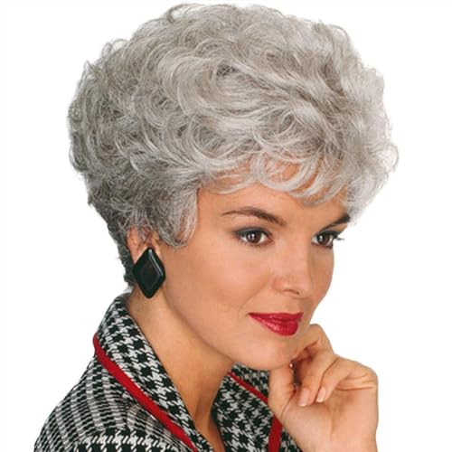 AUBWIG Gemischte silbergraue kurze Perücken Natürliches leichtes lockiges Haar Flauschige Pixie Cut Perücken mit Pony Kunsthaarperücken geschichtet Hitzebeständig für Frauen (grau) von AUBWIG