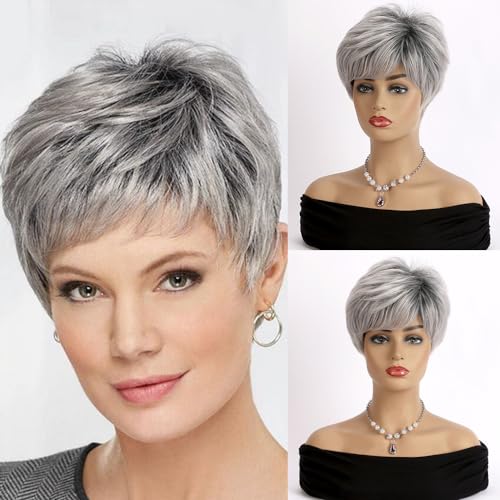 AUBWIG Gemischte silbergraue kurze Perücken Natürliches leichtes lockiges Haar Flauschige Pixie Cut Perücken mit Pony Kunsthaarperücken geschichtet hitzebeständig für Frauen (Gemischt Silbergrau) von AUBWIG
