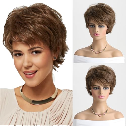AUBWIG Kurze Braune Perücke Pixie Cut Lockige Gewellte Damen Perücke Weich Zottelig Gestufte Vollsynthetische (Braun #2) von AUBWIG