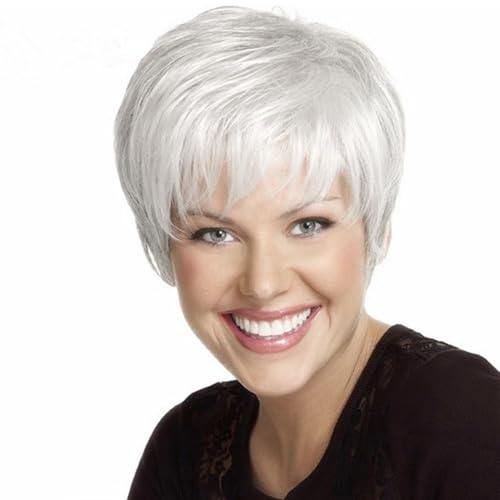 AUBWIG Kurzer Pixie-Schnitt Silber-Weiß-Perücke Kunstfaser-Haarperücken für Frauen Damen Mutter Großmutter Oma Königin Daily Wear Cosplay (Silber Weiß) von AUBWIG