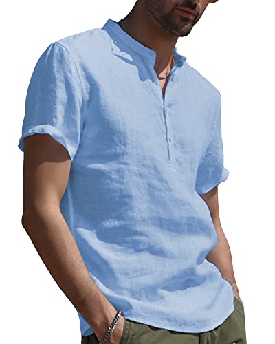 AUDATE Baumwolle Leinenhemd Herren Hemd Sommer Strand Hemden Shirt Freizeithemd Tops Blau L von AUDATE