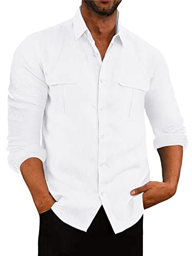 AUDATE Baumwollehemd Herren Regular Fit Button Sommerhemd Langarm Hemd Shirt Freizeithemd Weiß L von AUDATE