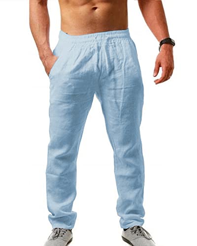 AUDATE Baumwollhosen für Männer Sommer Lang Leinen Hose mit Kordelzug Hose Blau 3XL von AUDATE