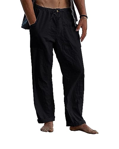 AUDATE Casual Leinenhose für Herren Knopfleiste Baumwolle Lange Hosen Elastischer Bund mit Kordelzug Schwarz L von AUDATE