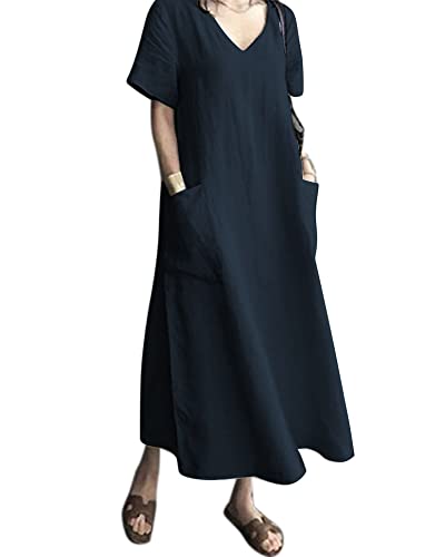 AUDATE Damen Baumwoll Leinen Kleid V-Ausschnitt Kurzarm Sommer Kaftan Lang Kleid Marine 2XL von AUDATE