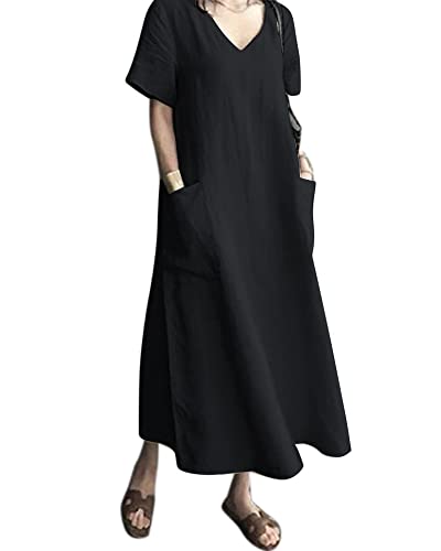 AUDATE Damen Baumwoll Leinen Kleid mit V-Ausschnitt Kurzarm Lose Sommer Kaftan Kleid Schwarz L von AUDATE