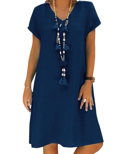 AUDATE Damen Baumwolle Strandkleid Freizeitkleid Einfarbig Casual Sommer V-Ausschnitt Kleider Kurzarm Leinen Kleid Marine M von AUDATE