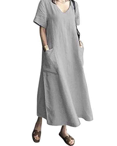 AUDATE Damen Freizeitkleid Baumwoll Leinen Kleid mit V-Ausschnitt Kurzarm Sommer Strand Kaftan Kleid Hellgrau M von AUDATE