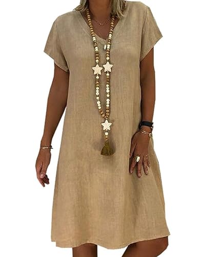 AUDATE Damen Freizeitkleid Sommerkleid LeinenKleid Casual Baumwolle V-Ausschnitt Kurzarm A-Linie Kleid Strandkleid Khaki L von AUDATE