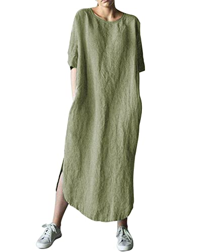 AUDATE Damen Freizeitkleider Baumwolle Leinen Kleid Sommer Strand Kurzarm Lang Kleider Armeegrün 3XL von AUDATE