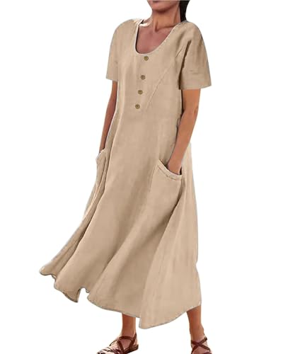 AUDATE Damen Kleider Sommer Rundhals Großes Lang Kleid Oversized Baumwolle Leinenkleid Maxikleid mit Taschen Khaki L von AUDATE