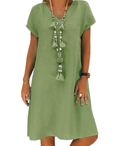 AUDATE Damen Leichte Sommerkleid V-Ausschnit Freizeitkleider Hemdkleid Kurzarm Strandkleid Knielang mit Taschen Grün M von AUDATE