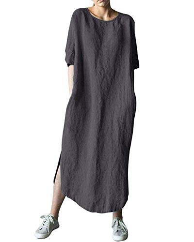 AUDATE Damen Leinen Baumwolle Lang Kleid Beiläufige Langarm Lose Maxikleider Kaftan, Dunkelgrau, DE 36 (Herstellergröße: S) von AUDATE