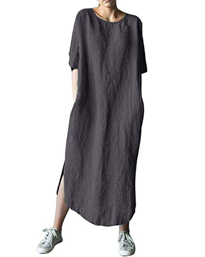 AUDATE Damen Leinen Baumwolle Lang Kleid Beiläufige Langarm Lose Maxikleider Kaftan, Dunkelgrau, DE 38 (Herstellergröße: M) von AUDATE