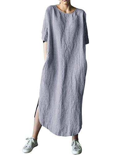 AUDATE Damen Leinen Baumwolle Lang Kleid Beiläufige Langarm Lose Maxikleider Kaftan, Grau, DE 42 (Herstellergröße: XL) von AUDATE