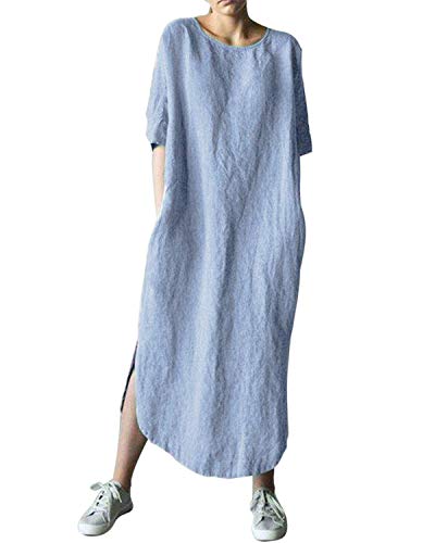 AUDATE Damen Leinen Baumwolle Lang Kleid Beiläufige Langarm Lose Maxikleider Kaftan, Hellblau, DE 36 (Herstellergröße: S) von AUDATE